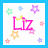 Pixelated pink 'Liz' text with colorful star and flower shapes on white background, bordered by blue frame.