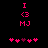 Pixelated pink text and symbols on black background with two variations of heart arrangement.