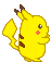 A 4x4 contact sheet of pixelated Pikachu frames showing running animation with varying eye expressions and breath puffs, displayed on a gray background.