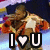 Pixelated image of a person in motion with arms raised, wearing brown clothing and a dark hat against a colorful background, overlaid with 'I ♡ U' text.