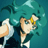 Pixelated character with teal hair and yellow headband, wearing dark blue outfit with white accents, holding white object against teal background.