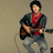 Pixelated image of a person in red shirt and dark jacket holding an electric guitar against neutral background.