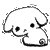 A cartoon dog head with rounded ears, black eyes, and a small nose, shown in three with slight head movement