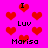 Pixelated red hearts float over a bright pink background with repeated text "I Luv Marisa" in black block letters.
