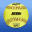 A pixelated yellow softball with red stitching and a black rectangular patch on its surface, next to orange text reading "Rachel #9 for life" on a dark background.