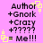 Pixelated text on pink background with yellow square accents, showing four identical of 'Author +Gnork +Crazy +???? = Me!!!' in black font