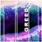 Pixelated static image with vertical color bands in purple, blue, green, and pink hues against a light background.