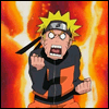 Animated sequence of a character with spiky yellow hair and orange pants in front of an orange flame background, showing facial expression changes.