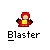 Red and yellow pixelated character with black arms, transitioning through multiple poses including raised arms, side views, and front-facing stances above the text "Blaster".
