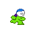 A 4-frame pixel art animation of a green cartoon character with blue headgear and purple shoulder accents, shown in different poses across the frames.