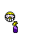 Animated contact sheet showing a cartoon character with yellow hair and white face holding a purple bottle, transitioning through multiple frames of motion.