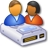 Two pixelated figures sit on a white USB drive with two ports, one blue and one brown.