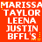 Red background with white text repeating 'MARISSA TAYLOR', 'LEENA', 'JUSTIN', and 'BFFL'S' in a pattern, each containing three identical sets of the names