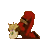 Pixelated character in red outfit kneels with head bowed, holding a small white object while golden hair and brown accents shift