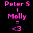Pixelated pink text on black background shows 'Peter S + Molly = <3' with identical static composition.