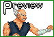 Pixel art of a muscular bald man with gray sideburns wearing a dark sleeveless top and white arm brace, extending his right arm forward under 'PREVIEW' text.