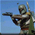 Pixelated static image of a character in armor holding a blaster rifle against a blue background.