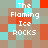 Pixelated of repeating text 'The Flaming Ice Rocks' in white, set against a background of brown, red, and cyan squares