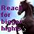 Pixelated static icon featuring a dark horse silhouette and purple text reading "Reach for bigger highs" on a gradient background.