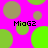 Bright pink background with scattered green and brown circles; four instances of 'MioG2' text in black pixelated font; some circles partially overlap.