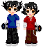 Pixel art character with black hair in two buns, wearing blue or red short-sleeve shirts and dark patterned pants, holding a black and yellow object, with varying facial expressions across frames.