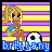 Pixel art of a blonde girl in a blue bikini top holding a soccer ball against a yellow and purple striped background with blue text at the bottom.