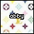 Animated contact sheet of a 48x48 pixel buddy icon showing the name "abby" with changing text color over a repeating Louis Vuitton-style monogram pattern background.