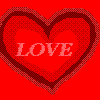 Red heart-shaped icon with layered borders and pink 'LOVE' text centered on a solid red background.