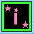 Animated sequence of pixelated icons with pink text and stars on black backgrounds, framed by green borders transitioning to light blue.