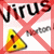 Yellow triangular warning icon with black dots and orange stripe, repeated in pattern over red 'Virus' text and red X overlay