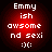 Four identical red circular icons with white pixelated text reading "Emmy ish awsome nd sexi :)(:" arranged in a