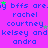 A static image with a bright purple background displays repeated text in blue and green, including names like rachel, courtney, kelsey and andra, with small star symbols scattered throughout.