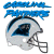 Pixelated blue and white graphic featuring a football helmet with dark accents, topped by two horizontal banners of stylized text.