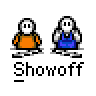 Animated contact sheet showing 15 sequential frames of two pixel-art characters in orange and blue outfits performing actions against a gray background with "Shonoff" text below each frame.
