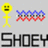 Yellow stick figure with black smiley face, blue-red wave pattern, and "Shoey" text on gray background; animation alternates between two states of the wave pattern.