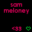 Pixelated text and symbols on black background with repeated pink 'sam meloney' and green heart icons, showing animation of gray rectangle appearing in bottom-right corner.