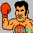 Pixel art of a boxer with orange skin and red gloves, shown in four variations with different text overlays on his chest.