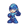 Pixel art character with blue armor, helmet, and boots; one hand raised in a peace sign gesture against gray background.