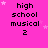 A static image with a bright pink background featuring repeated text "high school musical 2" in black pixelated font, surrounded by small white stars.