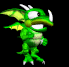 Green cartoon dragon with yellow wings and white horns, shown in multiple poses including open mouth, running, and emitting smoke from its mouth against a black background.