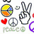 Animated icon shows a pink character hugging a blue robot-like figure with closed eyes, surrounded by peace symbols and hearts on white background.
