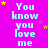 A static image with a bright pink background displays repeated text "You know you love me" in light blue pixelated font, interspersed with small yellow and pink stars.