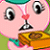 Pixelated pink face with large cartoon eyes, a red heart-shaped nose on a black-and-white stand, and brown-orange clothing against green background.