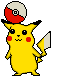 Yellow cartoon character with red cheek circles, black-tipped ears, and a red-and-white Poké Ball on its head, holding a white flag-like object in a sequence of poses.