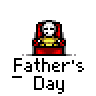 Animated Father's Day buddy icon featuring a cartoon skeleton in red chair with yellow seat, showing multiple frames of text and pose changes.