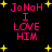 Pixelated pink text "JoNoH I LOVE HIM" on black background with yellow stars, repeated in four quadrants.