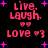 Pixelated text and symbols on a black background with pink and purple elements.