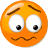 Two orange circular faces with brown eyebrows and mouths, one with wide eyes and the other with closed eyes, both showing worried expressions.
