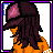 Pixel art contact sheet of a 9-frame animated icon showing a cartoon character in orange clothing with brown shorts and boots, transitioning from full-body to close-up poses while displaying sequential text phrases.