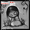 A grayscale cartoon girl with large circular eyes sits on a mound holding a small object, surrounded by stylized plants and swirling lines, with 'Love Me' text above.